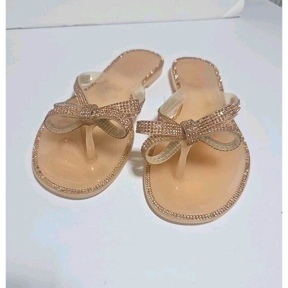 NICOLE MILLER Rose Gold Pink Color Jelly Sandals Rhinestone Bow Accent Size 8 - Picture 1 of 7